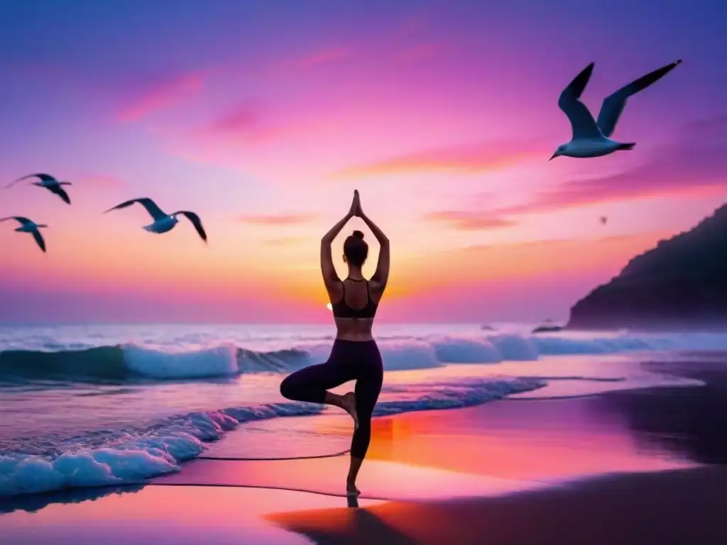 Yoga al amanecer: armonía en la playa Un amanecer vibrante sobre el mar, con una persona practicando yoga en la playa
