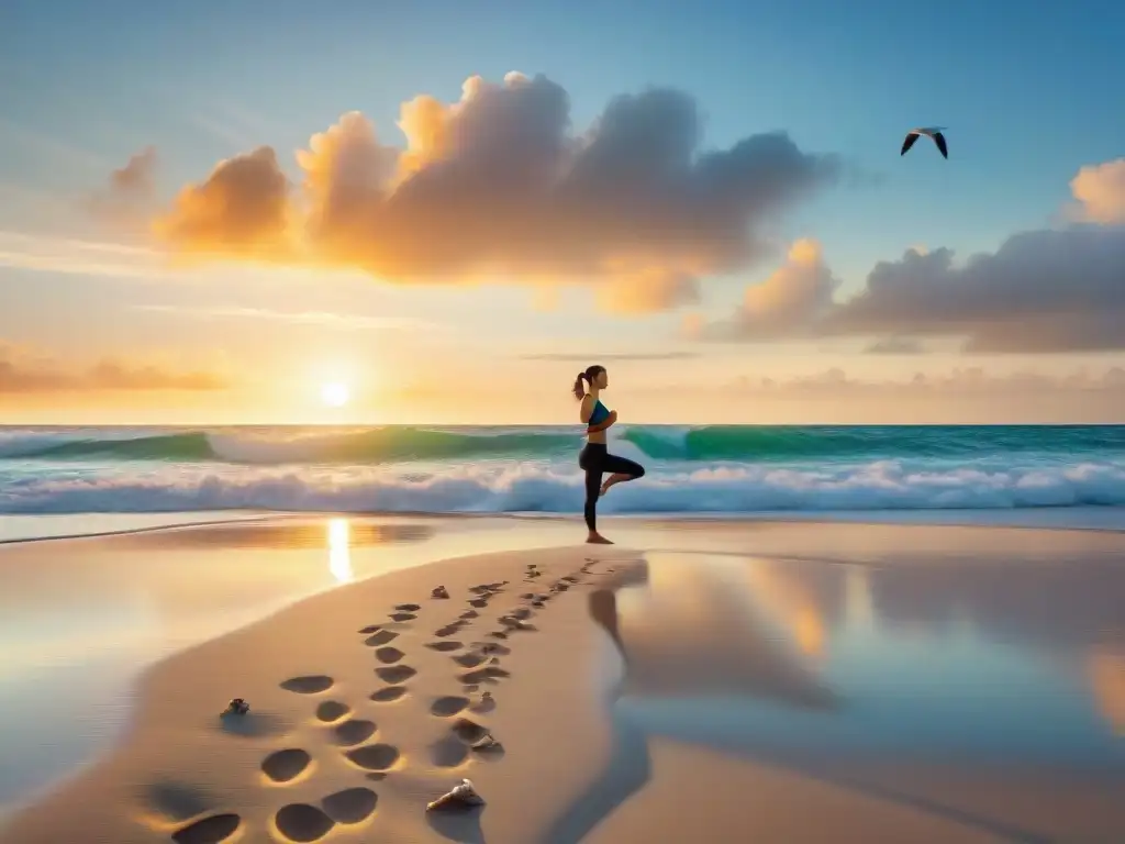 Amanecer dorado en la playa: armonía y serenidad Un amanecer vibrante sobre el mar calmo, playa con conchas y huellas, gaviotas, yoga y palmeras