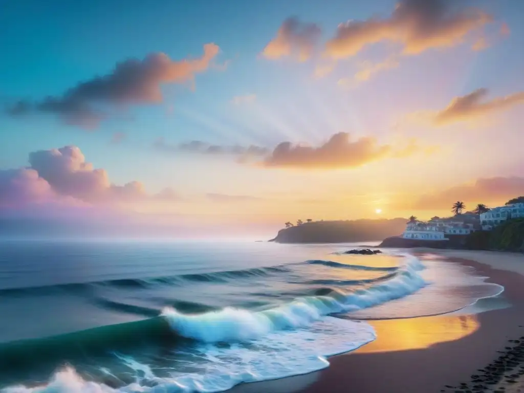 Espectacular amanecer costero: paz y serenidad junto al mar Un amanecer vibrante sobre un océano tranquilo, con tonos pastel en el cielo y reflejados en las aguas