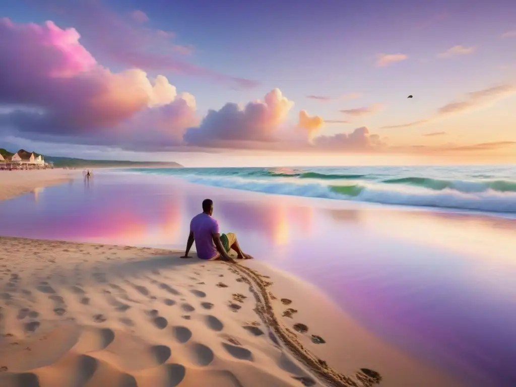 Amanecer vibrante en la playa: comunidad y tranquilidad Amanecer vibrante en la playa con actividades sociales, transmitiendo felicidad y beneficios de la vida costera