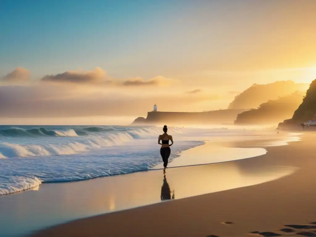 Amanecer dorado en la playa: actividad física y bienestar Un amanecer vibrante sobre una playa serena, donde personas realizan actividades físicas