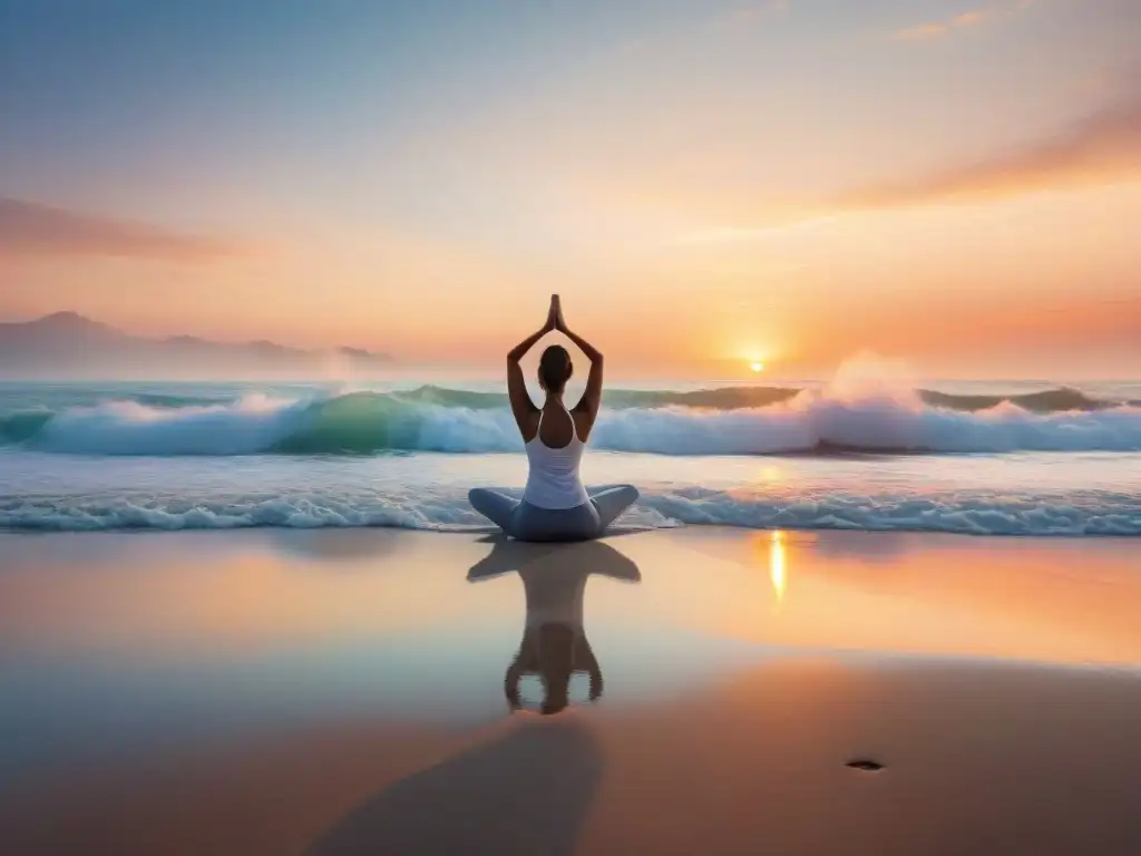 Esencia matutina: yoga al amanecer en la playa Un amanecer vibrante en la playa, con yoga al amanecer