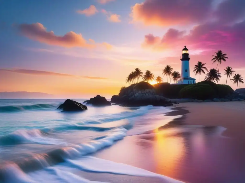 Espléndido amanecer costero: paz y serenidad en la playa Un amanecer vibrante sobre un pueblo costero tranquilo, con olas suaves y cielo rosado, naranja y dorado