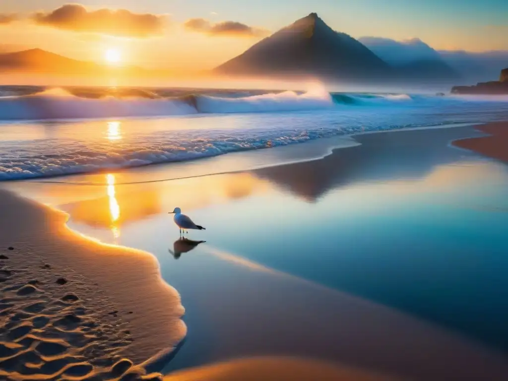 Espectacular amanecer dorado sobre el mar: paz y conexión espiritual Un amanecer vibrante sobre el tranquilo océano, con una luz dorada reflejada en el agua y gaviotas en el cielo