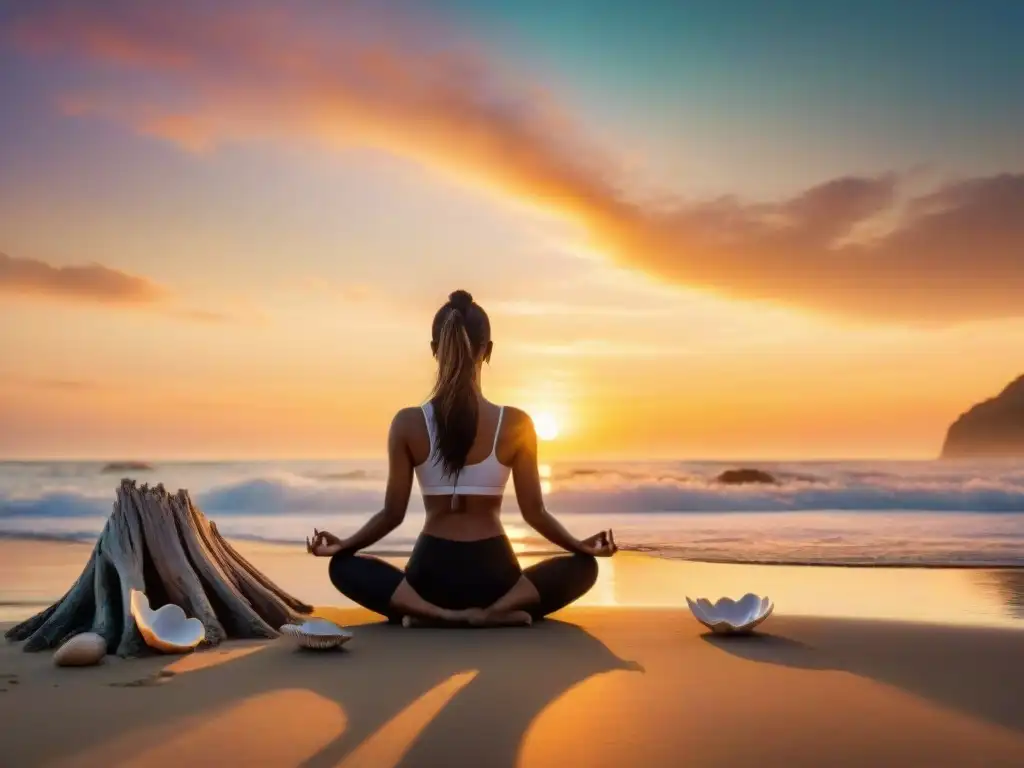 Amanecer sereno: yoga en la playa al amanecer Un amanecer vibrante sobre el océano tranquilo, con tonos pastel iluminando el cielo y reflejándose en las aguas calmadas