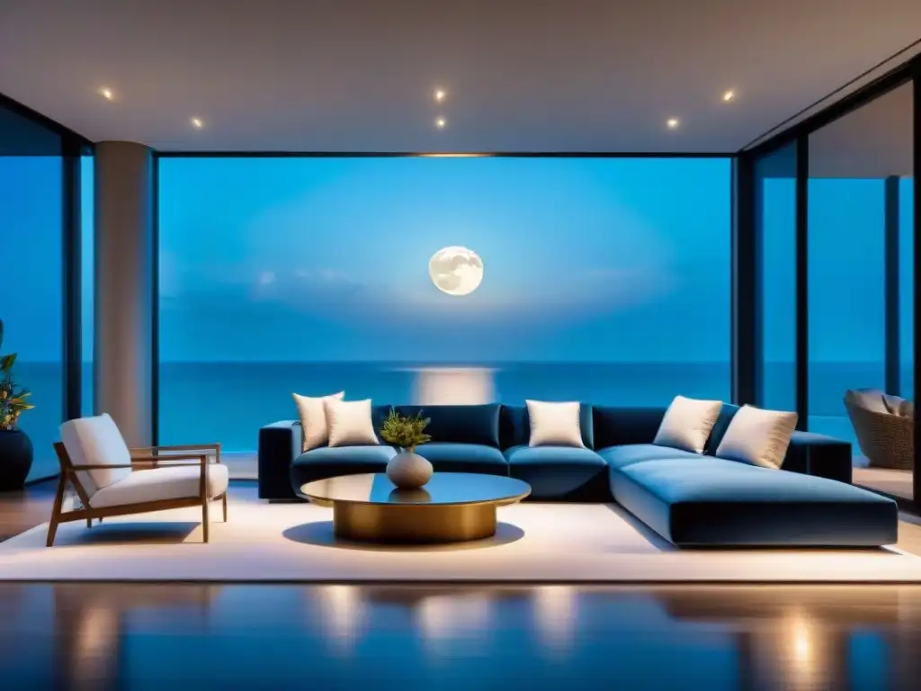 Espacio común de lujo frente al mar con iluminación LED cálida Un ambiente acogedor en una lujosa propiedad costera con iluminación estratégica, reflejos del mar y diseño integrado