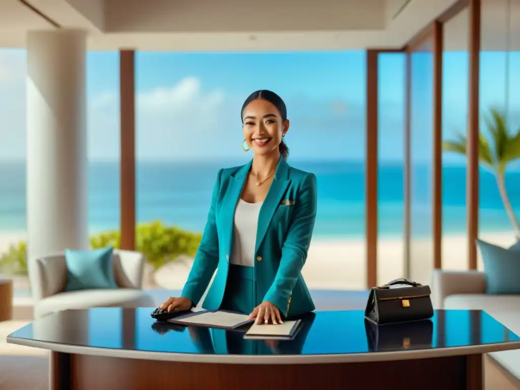 Exclusivo servicio de concierge en propiedad frente a la playa Un ambiente exclusivo de lujo en la playa, con servicio concierge de lujo asistiendo a un huésped con una sonrisa cálida