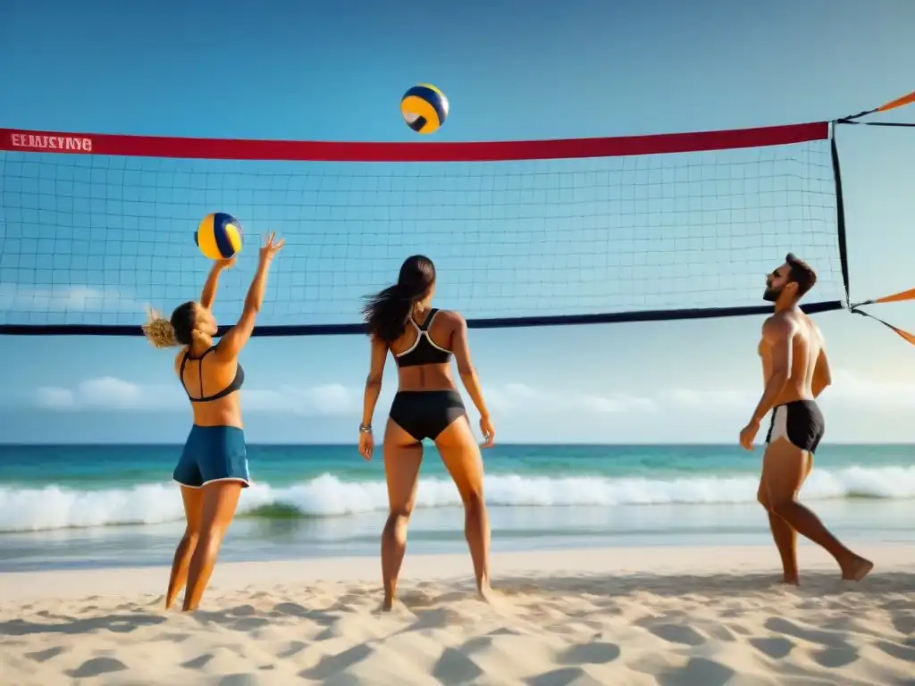 Diversión playera: amigos compitiendo al vóley bajo el sol Amigos disfrutando de actividades recreativas en la playa, jugando vóley bajo el sol y las olas del mar de fondo
