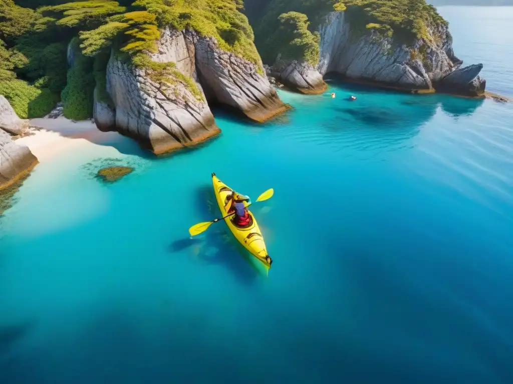 Excitante travesía en kayaks bajo el sol en aguas cristalinas Amigos kayak en aguas cristalinas frente a costa escarpada, bajo cielo azul brillante