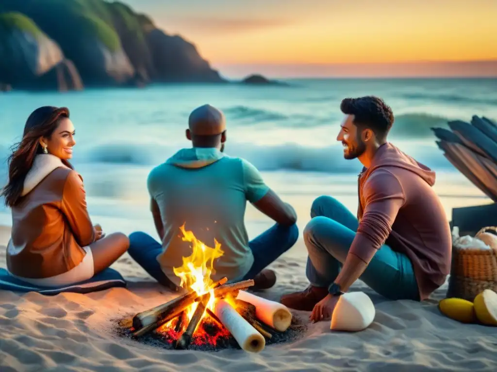 Amigos disfrutan fogata en la playa al atardecer Amigos disfrutando de una experiencia gastronómica única en la playa alrededor de una fogata al atardecer