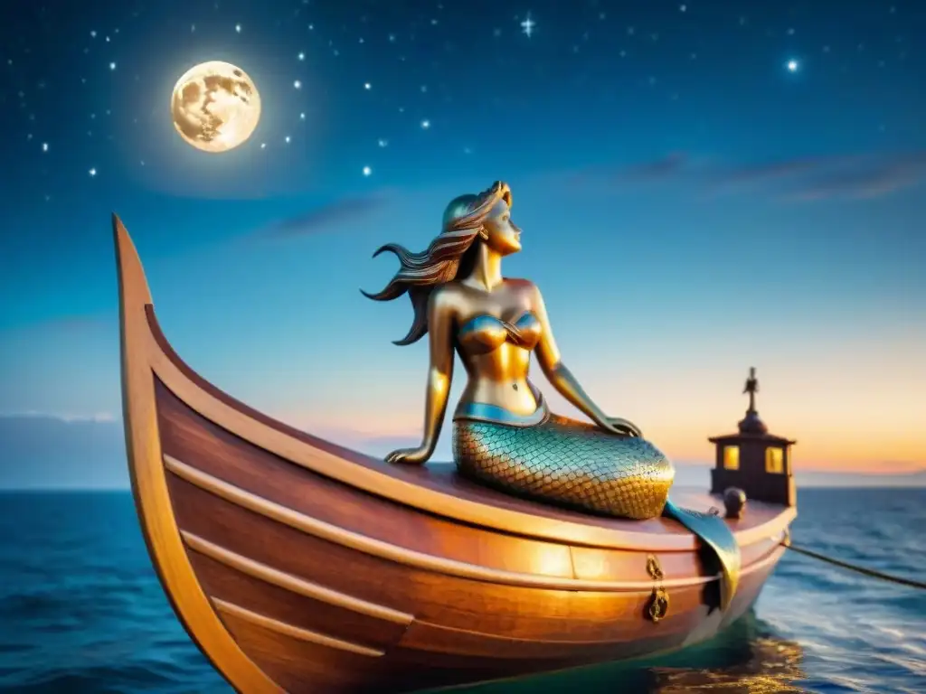 Sirena de madera en barco antiguo bajo la luna: magia marina Amuletos marinos para vida segura: Figura de sirena tallada en madera brillante en proa de barco antiguo navegando bajo la luna y estrellas