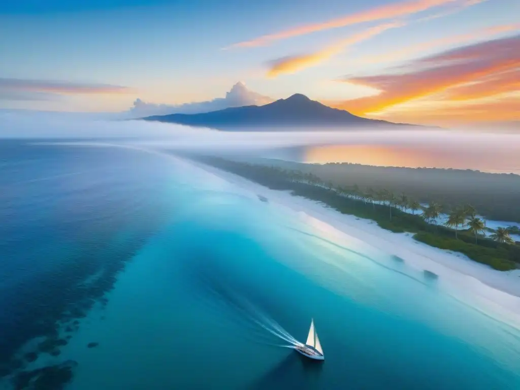 Tranquilidad costera al atardecer: Vista aérea con velero solitario Análisis predictivo de propiedades costeras: Atardecer dorado en la costa, con un velero solitario y palmeras en silueta