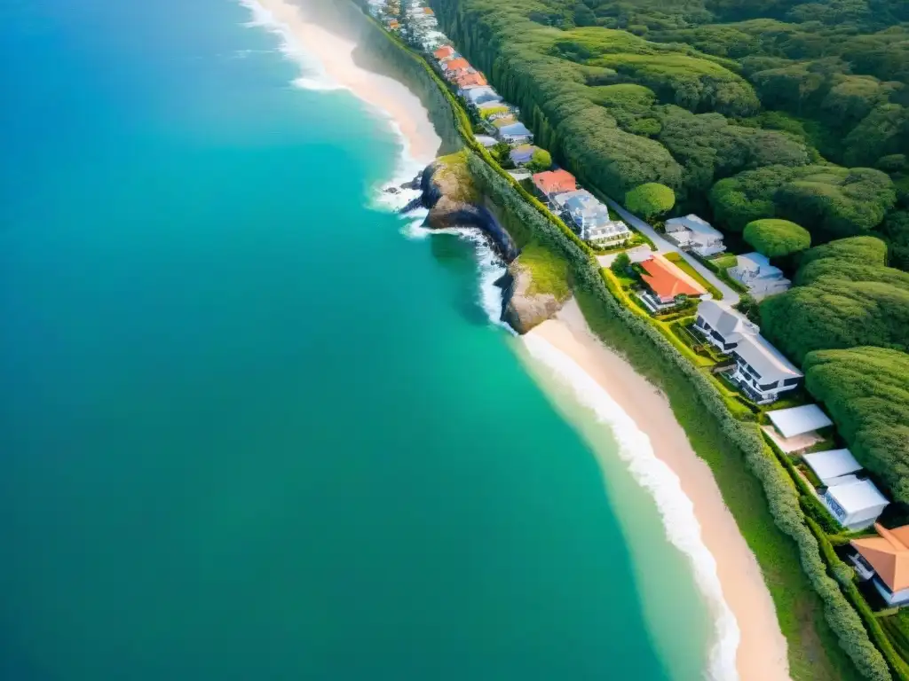 Fotografía aérea de propiedades costeras: naturaleza y desarrollo humano Análisis predictivo de propiedades costeras: Vista aérea de propiedades costeras con el mar y vegetación exuberante