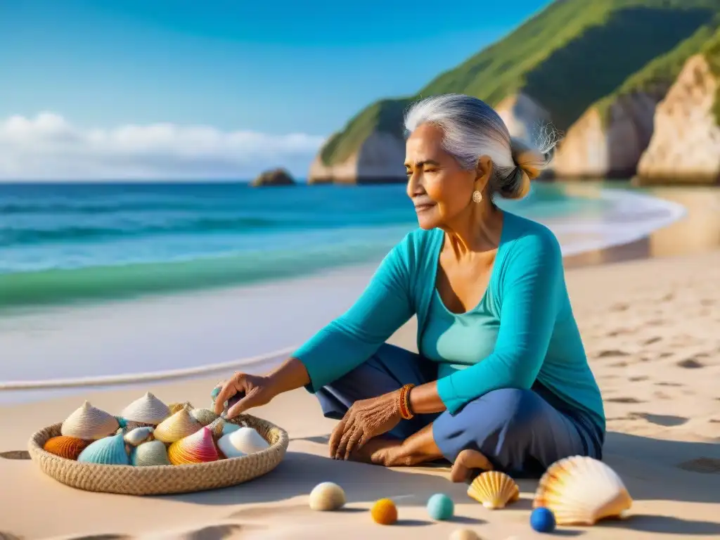 Artesana tejedora en playa: tradición y creatividad Una anciana artesana habilidosa crea delicadas artesanías costeras en una playa vibrante