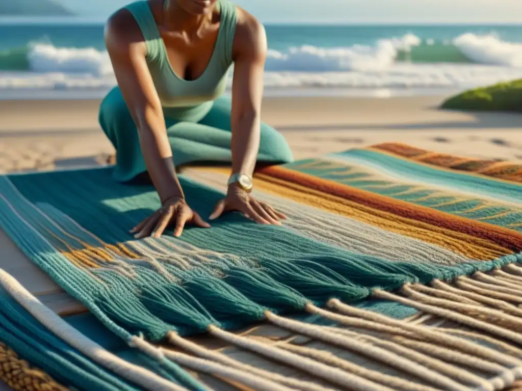 Tejedora de alfombra costera: arte ancestral en la playa Una anciana teje con esmero una alfombra costera, rodeada de hilos vibrantes y patrones marinos
