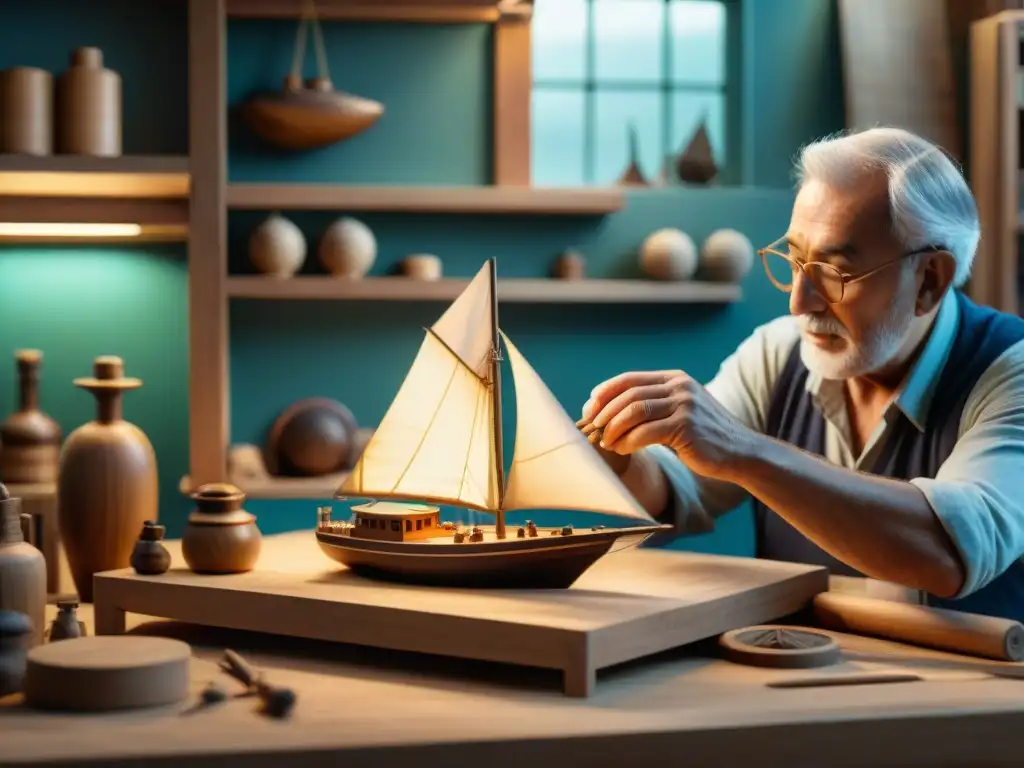 Artesano tallando detalle en barco de madera Un anciano artesano talla detalladamente una réplica de barco de madera en su taller, rodeado de herramientas y curiosidades marítimas