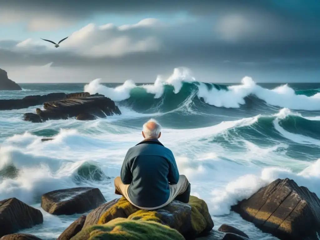 Viejo marinero contemplando el mar: sabiduría y tempestad Un anciano marinero contempla el mar, con historias costeras de vida marina grabadas en su rostro y manos