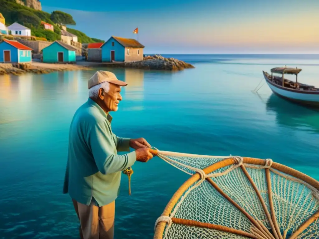 Pescador experto lanzando red al amanecer en pueblo costero Un anciano pescador experto lanza su red tradicional al mar turquesa al amanecer en un pueblo costero, rodeado de embarcaciones y casas coloridas