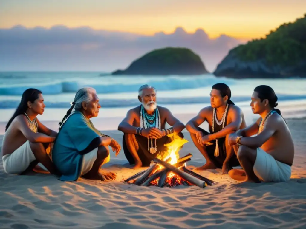 Conexión ancestral: sabiduría costera alrededor del fuego Ancianos indígenas de culturas costeras comparten sabiduría ancestral alrededor del fuego en la playa al atardecer