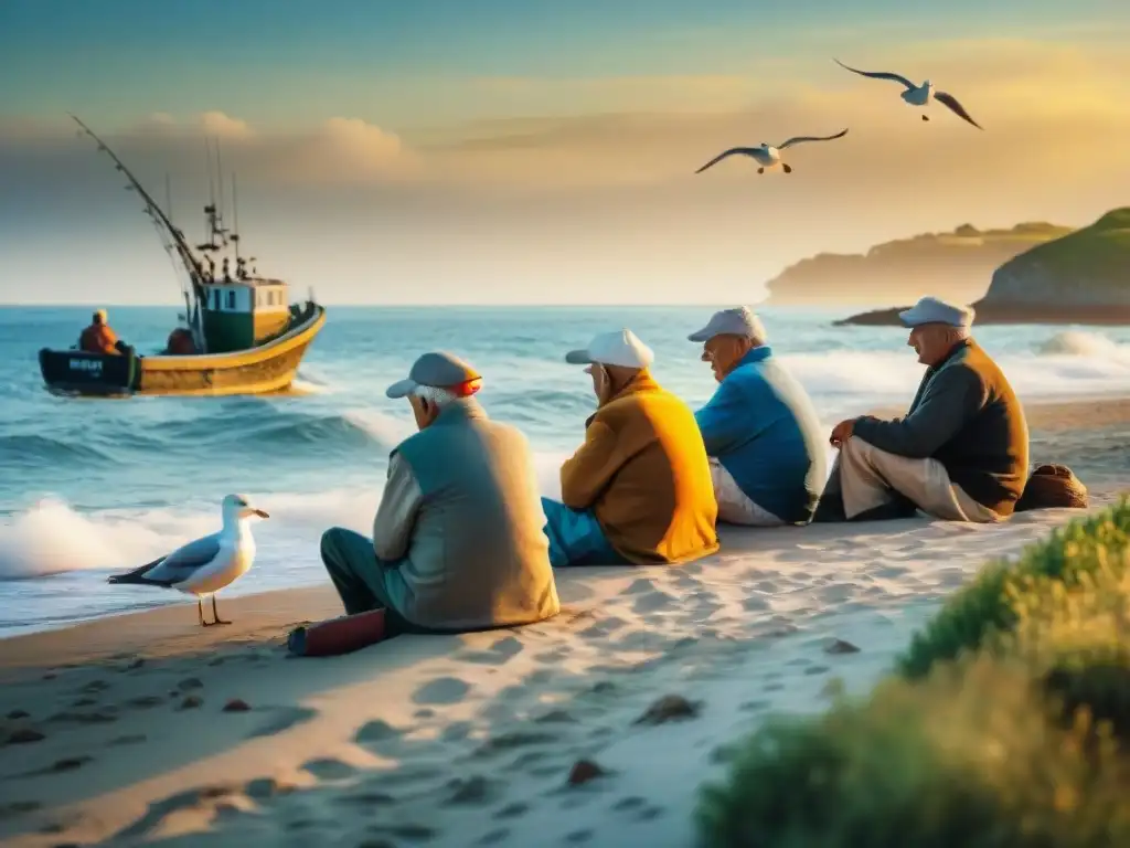 Pescadores ancianos al atardecer: tradición junto al mar Ancianos pescadores al atardecer en la costa, rostros arrugados iluminados por la luz dorada del sol
