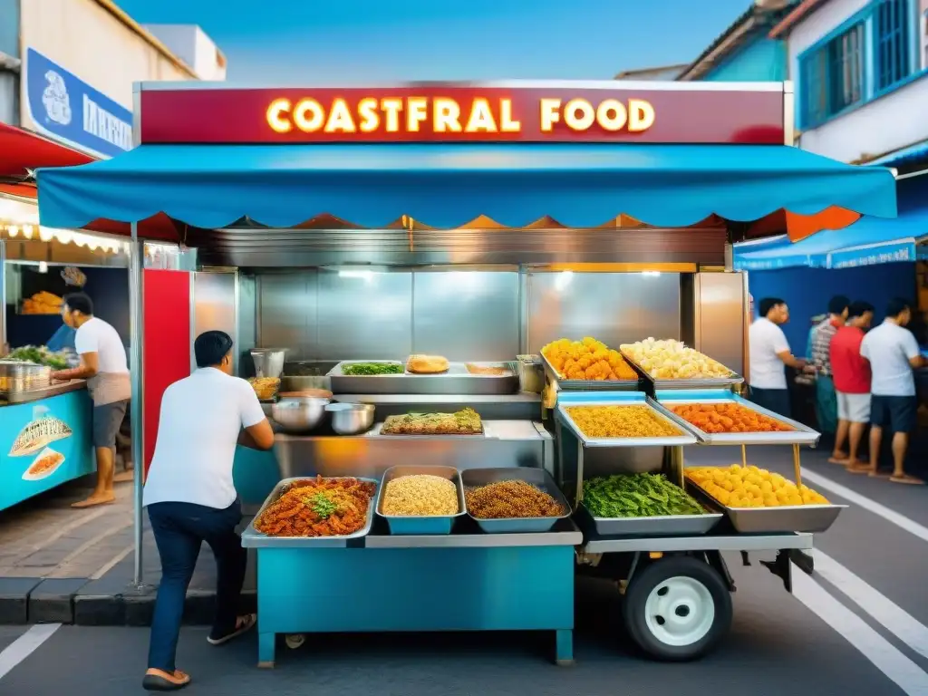 Mercado costero: sabores y colores junto al mar Una animada feria de comida callejera costera con puestos de coloridos platillos de mariscos, frutas tropicales y delicias locales