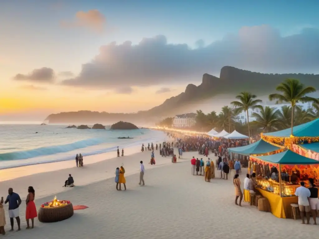 Playa festiva al atardecer: música, artesanías y sabores locales Animada fiesta en la arena costera al atardecer: música, artesanías y delicias locales bajo un cielo dorado y festivo