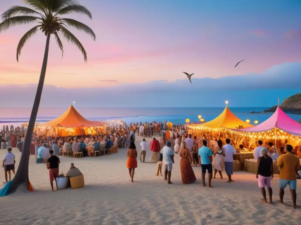 Festival costero al atardecer: música, baile y alegría en la playa Animada fiesta en la arena costera al atardecer: coloridos puestos, música en vivo y ambiente festivo bajo luces brillantes entre palmeras