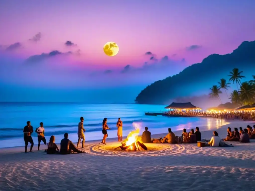 Escena vibrante: Fiesta de luna llena en la playa tropical Animada fiesta de luna llena en la playa, con música, luces y palmeras, una de las mejores playas fiestas luna llena
