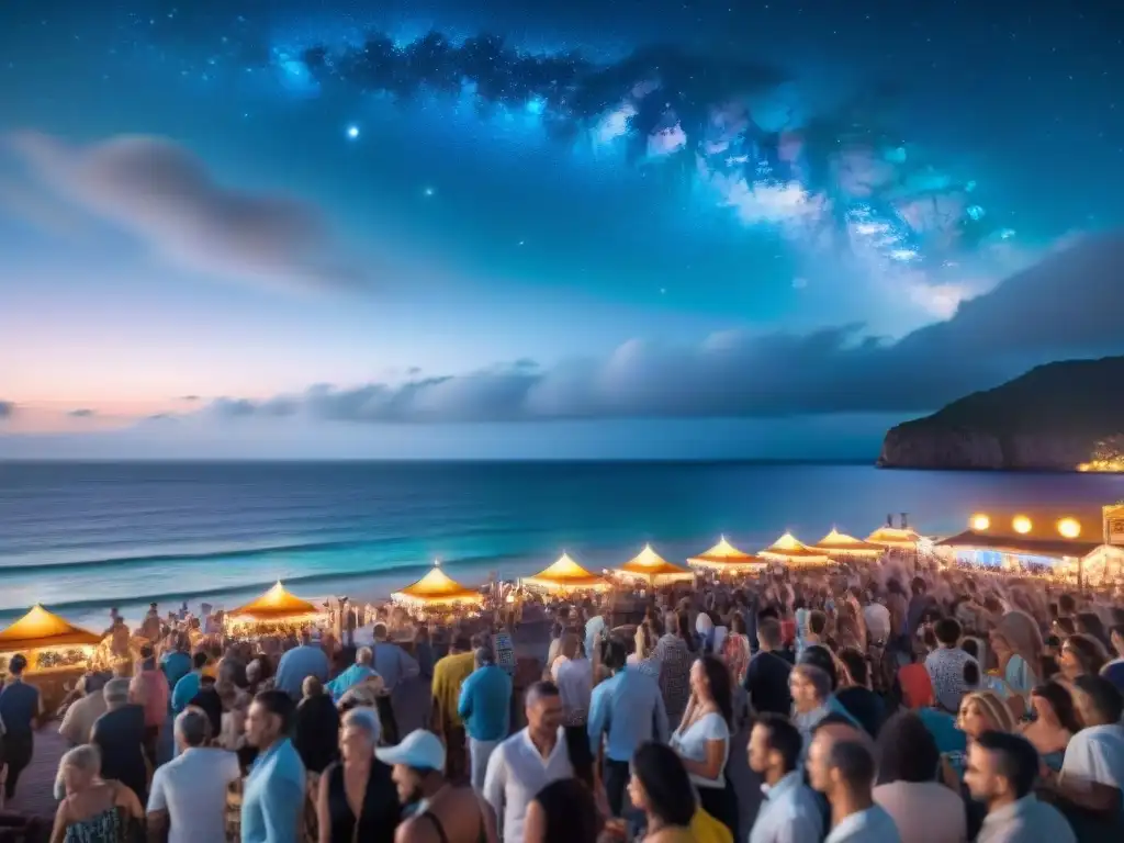 Escena nocturna vibrante en ciudad costera Animada vida nocturna en comunidades costeras con neones, música y ambiente frente al mar estrellado
