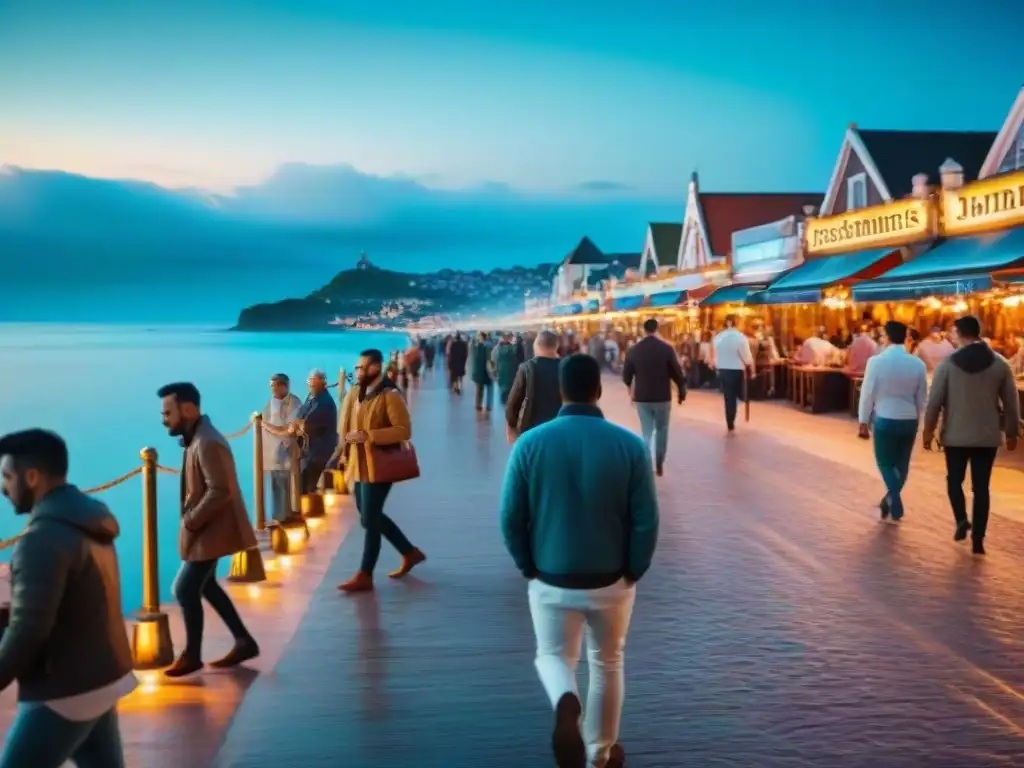 Vibrante vida nocturna en paseo marítimo: mariscos, música y comunidad Una animada vida nocturna en comunidades costeras: restaurantes, bares y luces en un bullicioso paseo marítimo