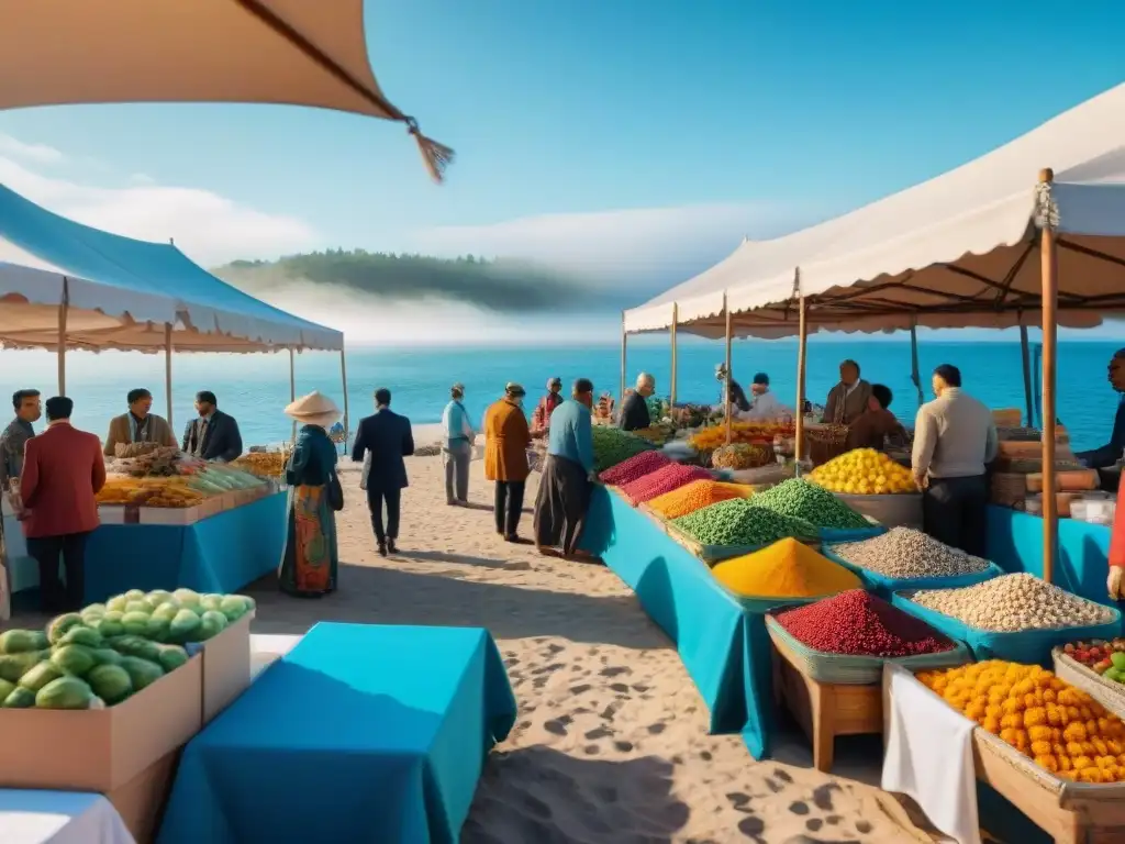 Mercado costero vibrante: lanzamiento de productos en un escenario único Animado lanzamiento de productos en mercado costero con vendedores y productos coloridos bajo cielo azul