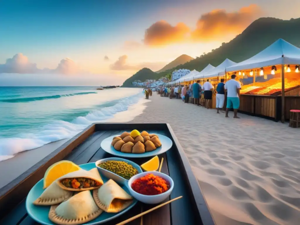 Mercado costero de comida: sabores y colores frente al mar Un animado mercado de comida callejera costera con puestos coloridos en una playa, donde se preparan delicias culinarias