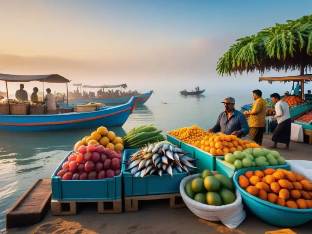 Mercado costero al atardecer: comunidad y diversidad de productos Un animado mercado costero al atardecer, con vendedores y productos variados