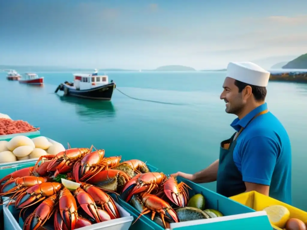Mercado costero: langostas frescas y cultura culinaria Un animado mercado costero con langostas frescas y pescadores locales regateando precios