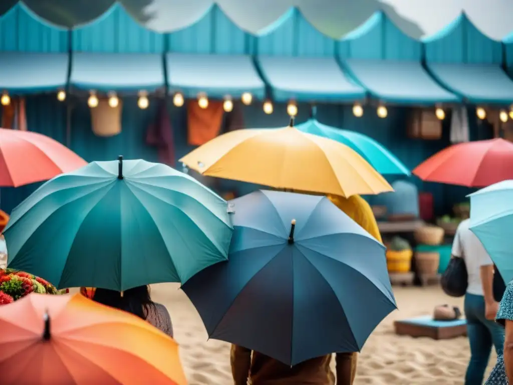 Mercado costero vibrante: lanzamiento de productos en la playa Un animado mercado costero con lanzamientos de productos, locales y belleza natural