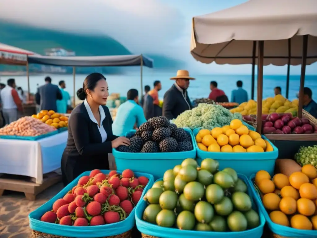 Mercado costero: colores, artesanías y mariscos frescos Un animado mercado costero con vendedores locales y turistas mostrando el impacto del turismo en comunidades costeras