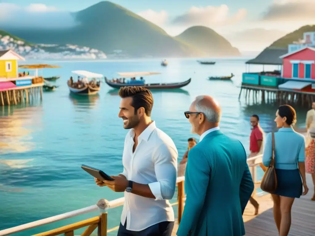 Escena costera vibrante: negocios inmobiliarios junto al mar Un animado mercado inmobiliario costero donde la diversidad de personas negocian, examinan propiedades y disfrutan de las vistas al mar