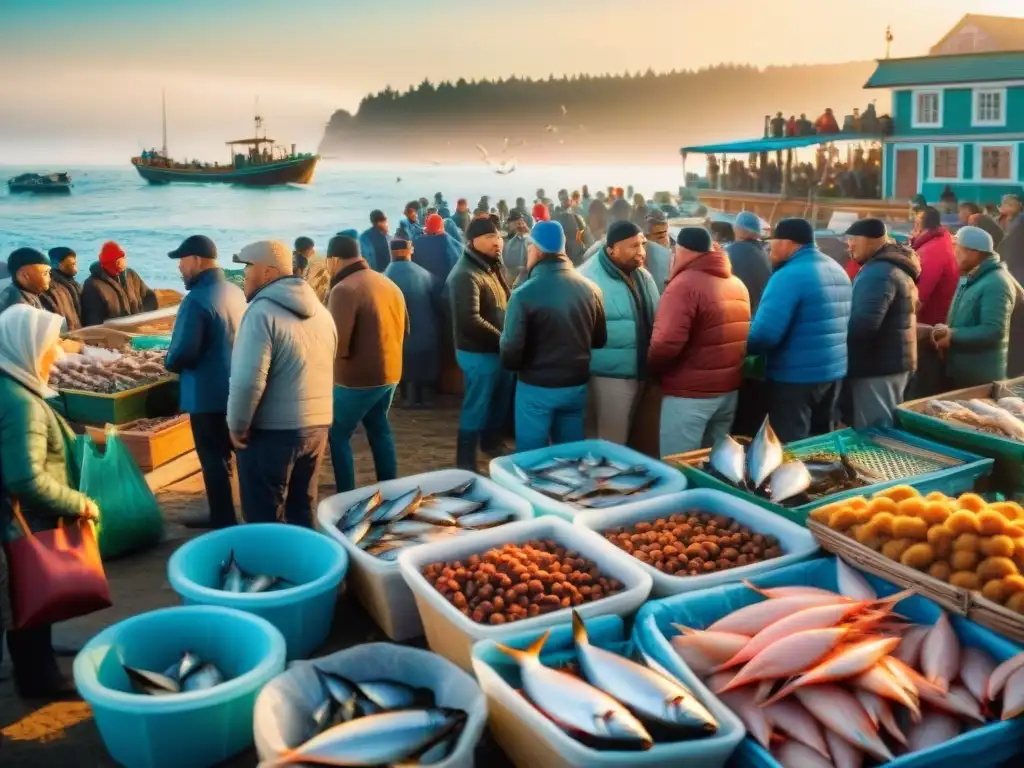 Mercado de pescado costero: escena vibrante de la pesca diaria Animado mercado de pescado costero con pescadores descargando mariscos frescos, compradores entusiastas y seagulls