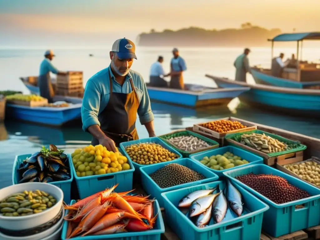 Mercado pesquero costero al amanecer: colores, aromas y sabores frescos Un animado mercado de pescado costero al amanecer, con pescadores descargando mariscos y chefs inspeccionando la pesca del día