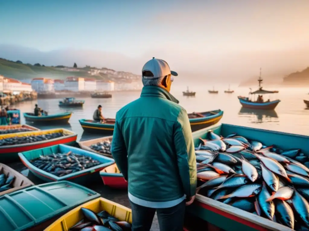 Mercado pesquero vibrante al amanecer en Portugal Animado mercado de pescado al amanecer en Portugal, pescadores descargan barcos coloridos y gaviotas vuelan