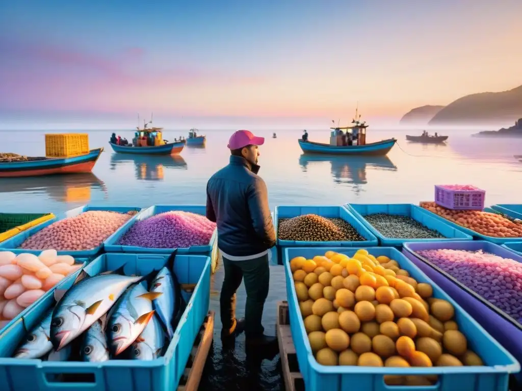 Mercado pesquero costero al amanecer: coloridas escenas de pesca y comercio Animado mercado pesquero costero al amanecer