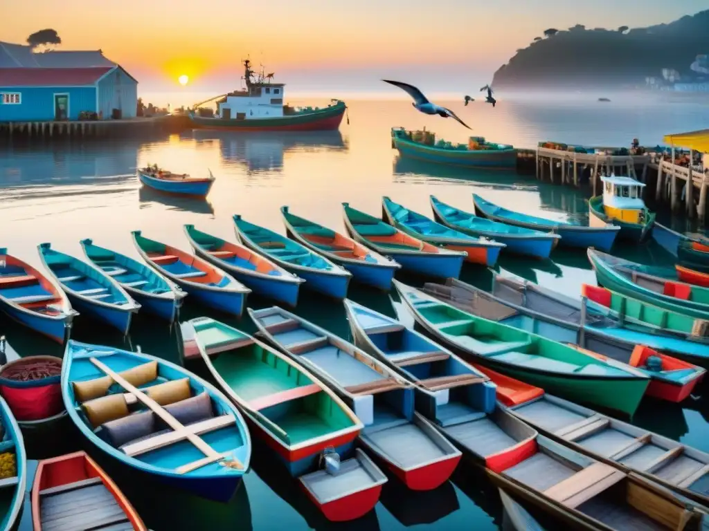 Mercado pesquero costero al amanecer: escena auténtica y colorida Animado mercado pesquero costero al amanecer, pescadores descargan barcos llenos de pescado fresco, gaviotas sobrevuelan