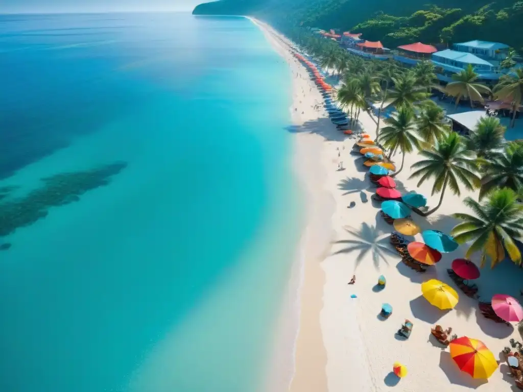 Playa paradisíaca: crowdfunding en comunidad costera Un animado paseo marítimo junto a la playa, con sombrillas coloridas, artesanos locales y el brillo turquesa del mar