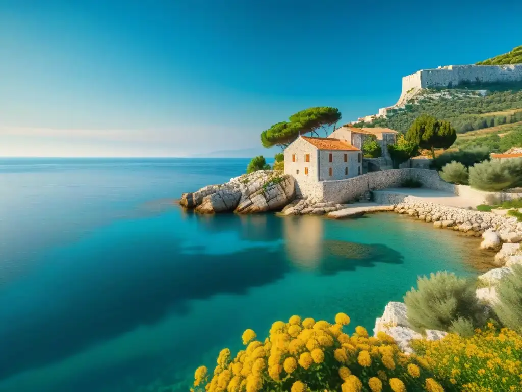 Encanto costero en Dalmacia: Casa de piedra con vistas al mar Una antigua casa de piedra dálmata en un acantilado con vistas al mar Adriático