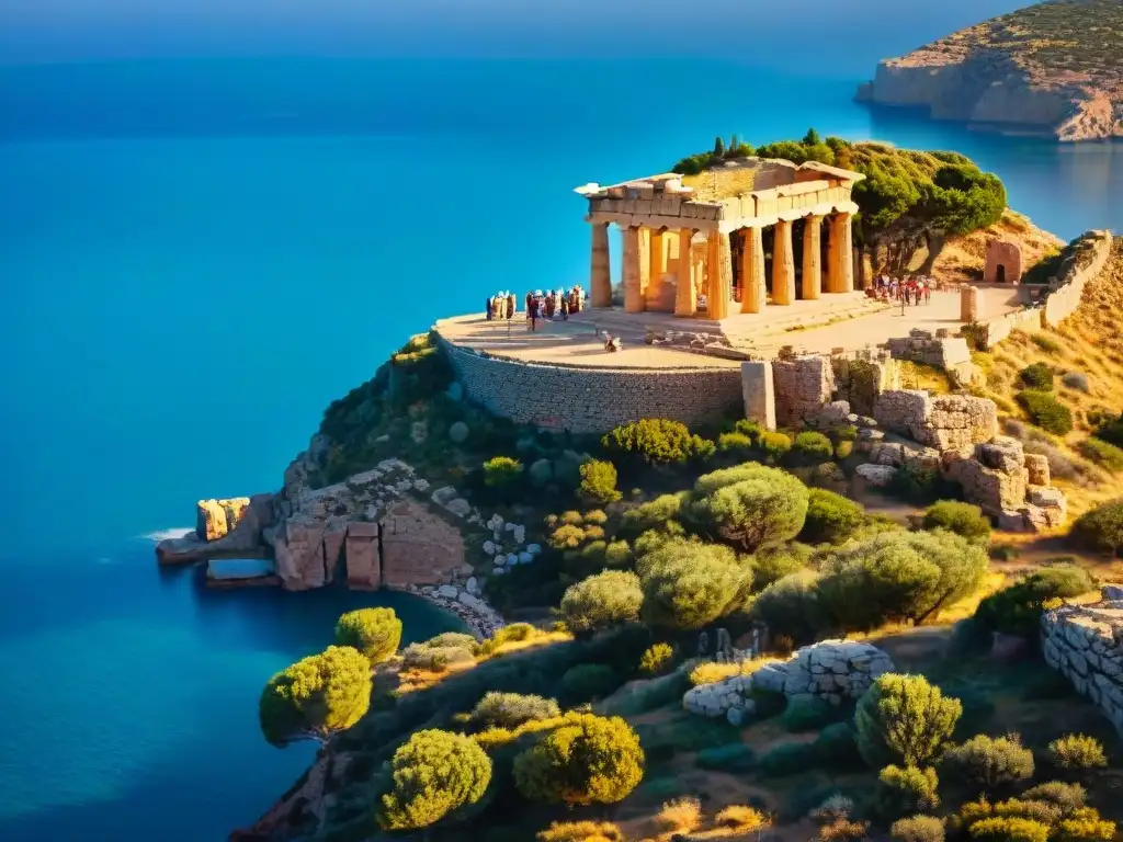 Ruinas del Templo de Poseidón: Majestuosidad en Cape Sounion, Grecia Antiguas ruinas del Templo de Poseidón en acantilados sobre el mar Egeo en Grecia