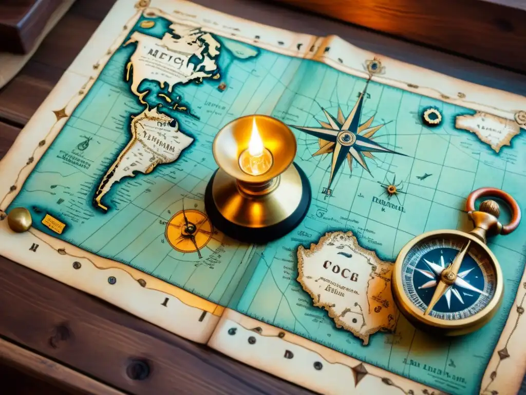 Un antiguo mapa marino detallado con rutas, símbolos y constelaciones, rodeado de instrumentos náuticos, iluminado por una lámpara de aceite de bronce