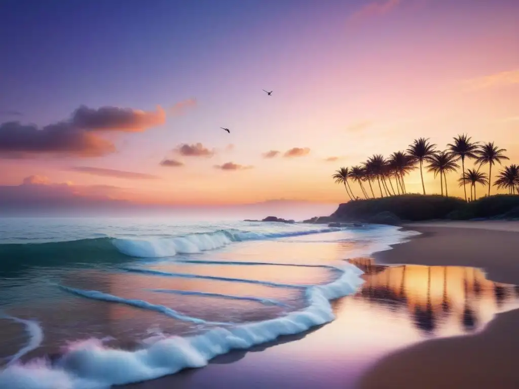 Paisaje costero sereno al atardecer: paz y bienestar junto al mar Un apacible atardecer en la costa, con tonos pastel reflejados en aguas tranquilas