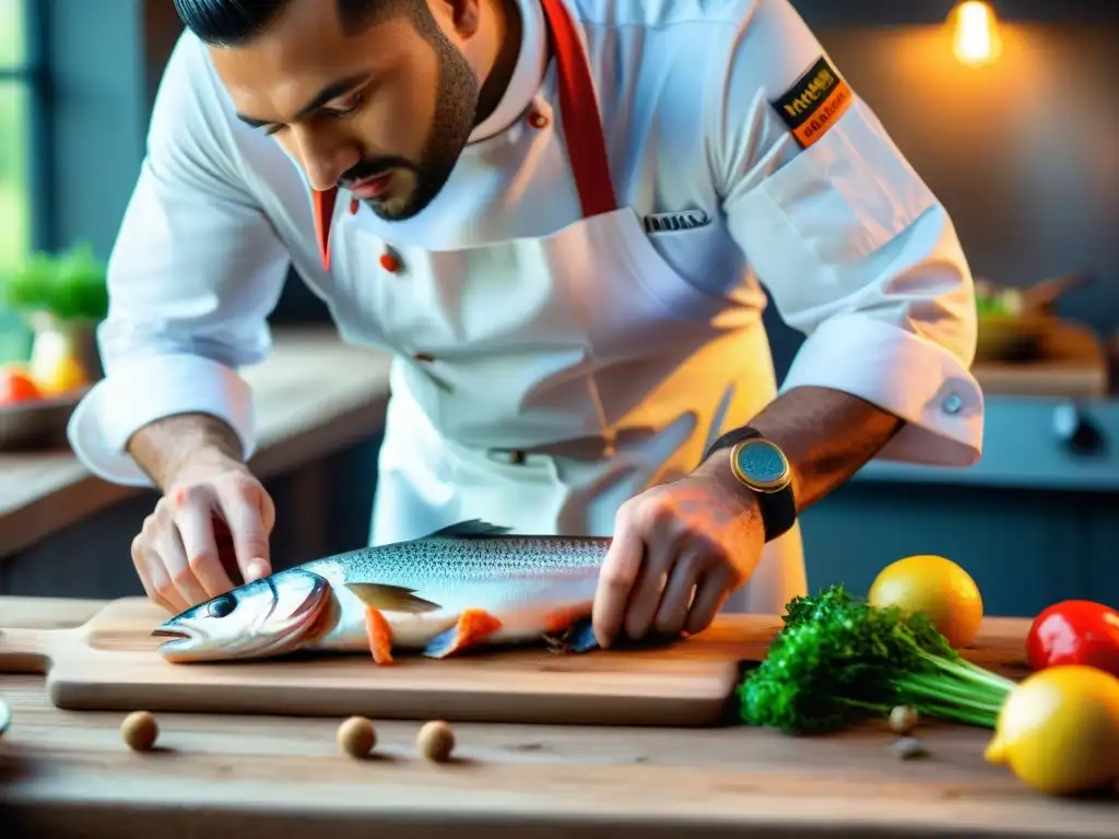Chef novato transformándose en experto: arte culinario marino Un aprendiz de chef cortando pescado fresco en una atmósfera culinaria de cocina marina