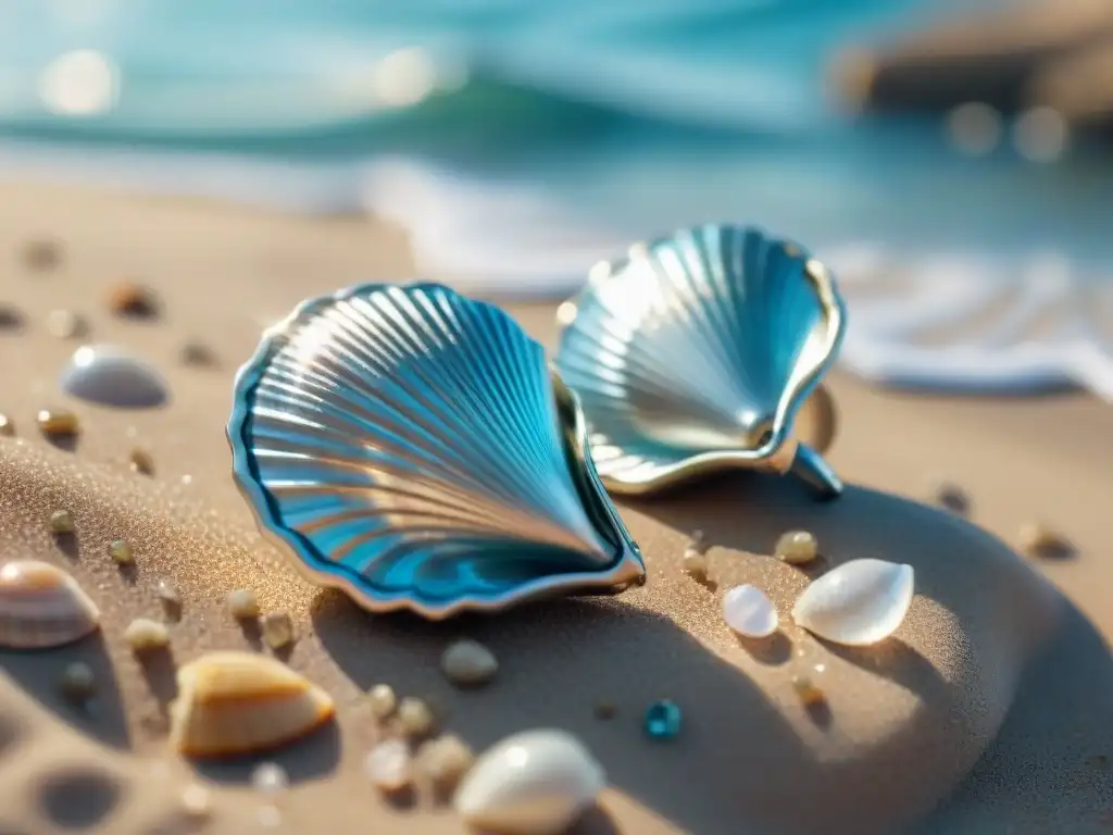 Pendientes de concha plateada con gemas azules, frente al mar Aretes con historias del océano: joyas de plata en forma de conchas con gemas azules, frente al mar