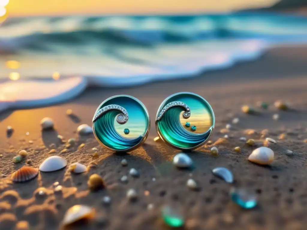 Pendientes de olas marinas con gemas azules y verdes Aretes con historias del océano: Pendientes de olas y joyas azules y verdes brillantes, con peces plateados y conchas, en una playa al atardecer